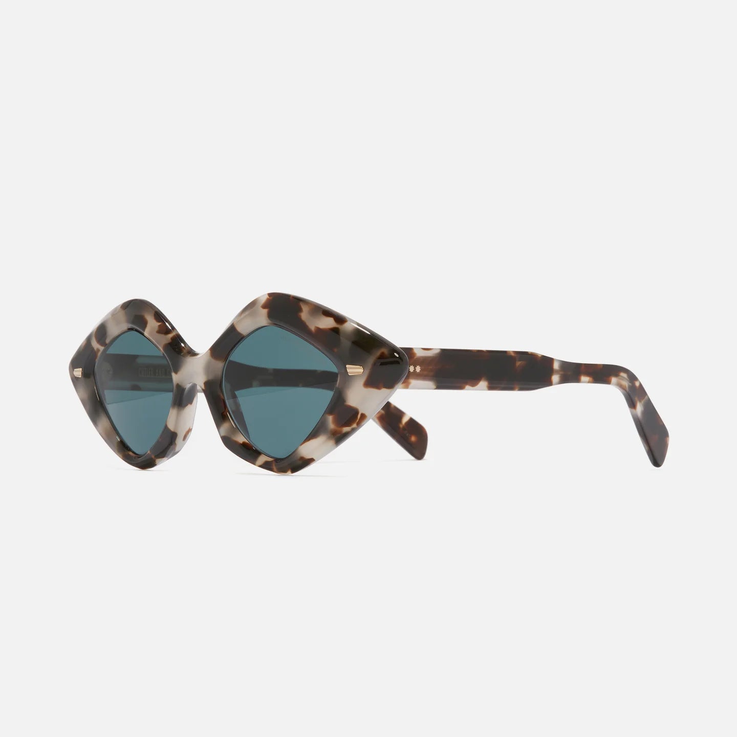 Sunglasses with tortoiseshell frame and blue lenses on a white background