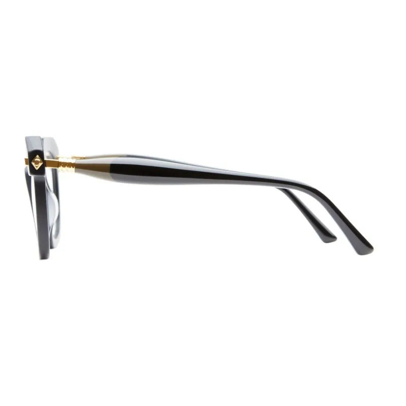 side view of a frame with gold and black temples