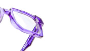 close up of one lens of a Rectaungular frame in translucent purple