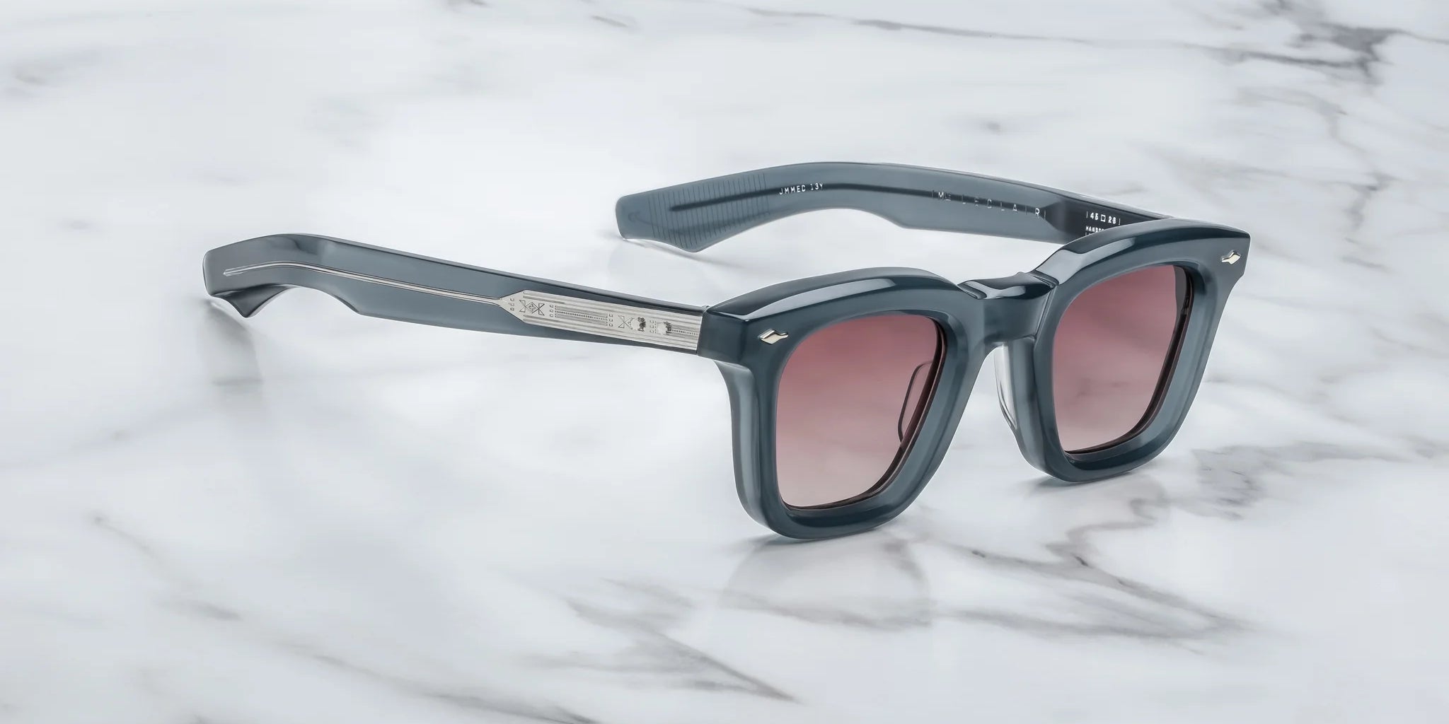 JMM leclair sunglass in mink grey blue frame with silver detail on temples