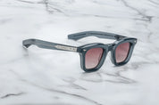 JMM leclair sunglass in mink grey blue frame with silver detail on temples