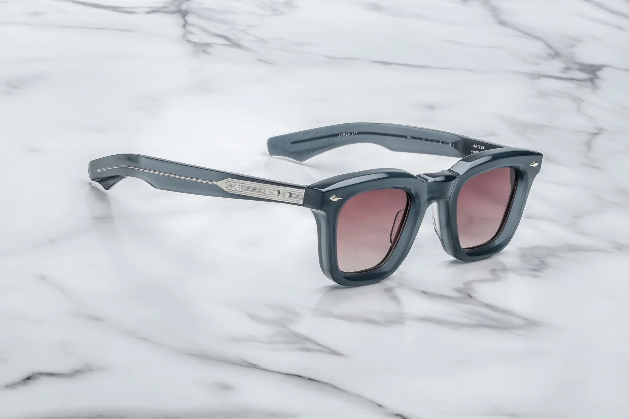 JMM leclair sunglass in mink grey blue frame with silver detail on temples