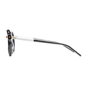 side view of black aviator frame with white and black temples