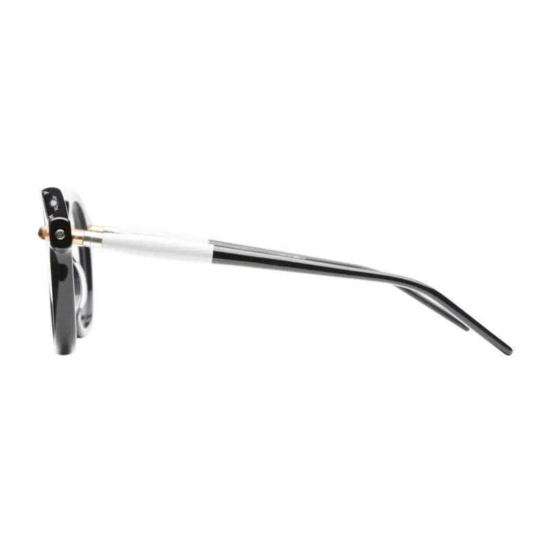 side view of black aviator frame with white and black temples
