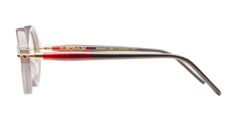 Side view of frames with black and red temples