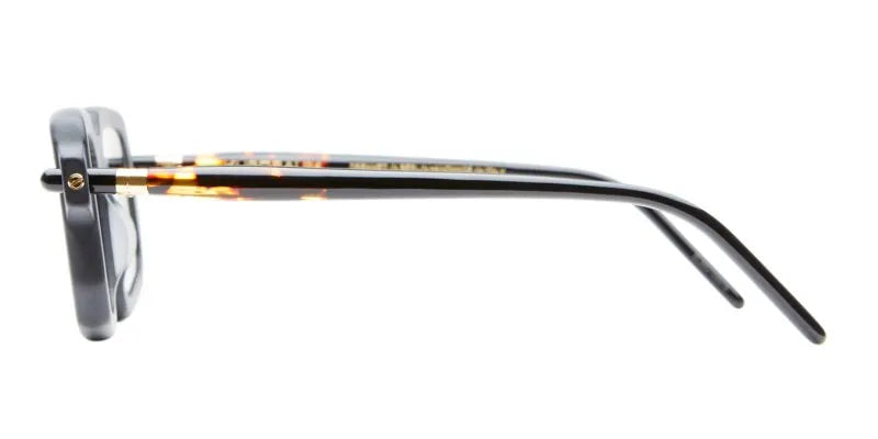 side view of sunglass frame with tort and black temples