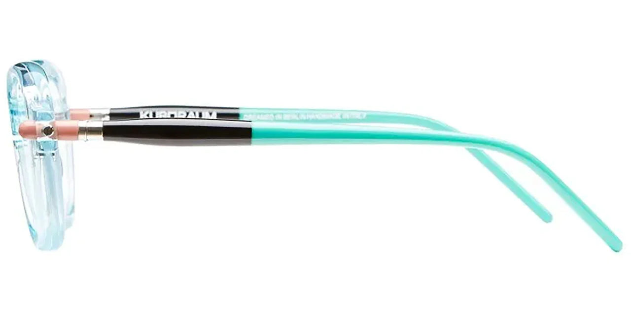 Side view of frames with black and turquoise temples