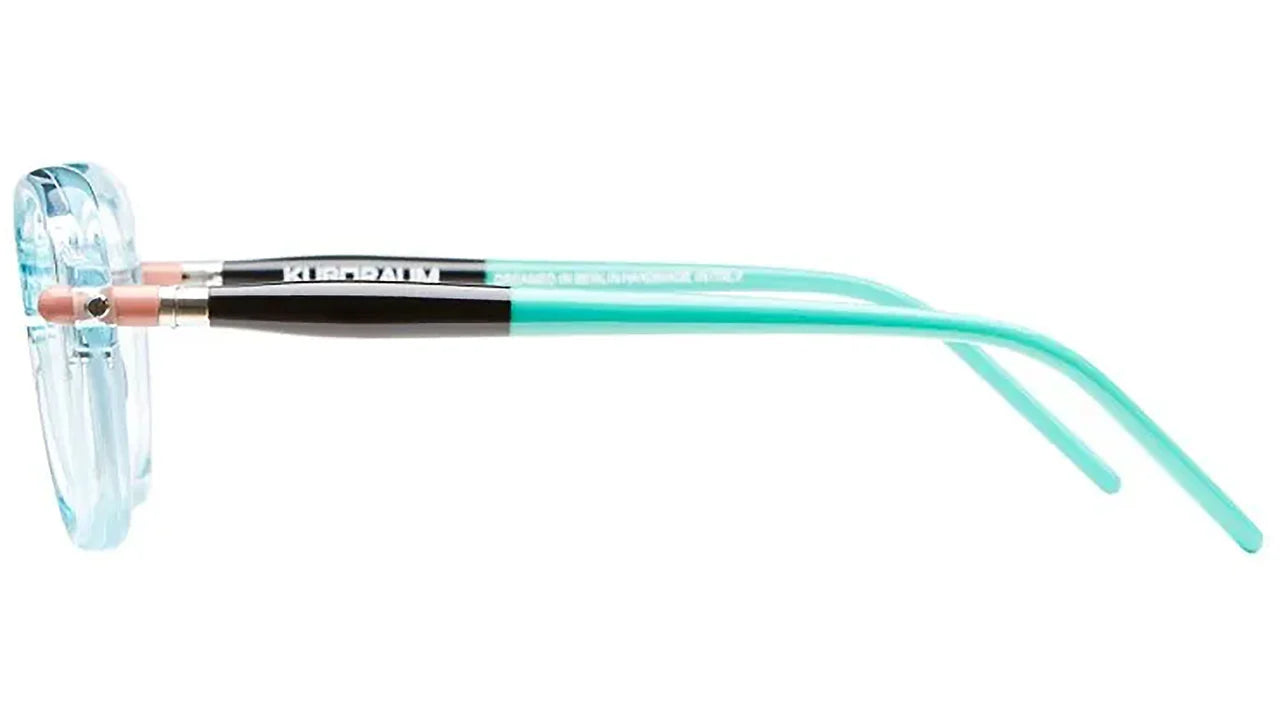 Side view of frames with black and turquoise temples