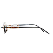 Side view of frames with blue, tort and black temples