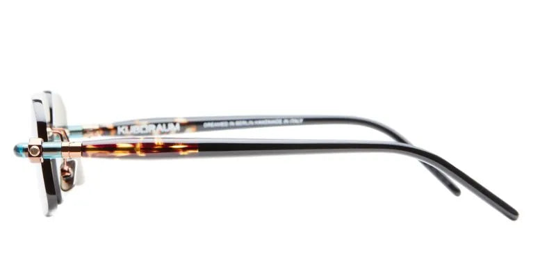 Side view of frames with blue, tort and black temples