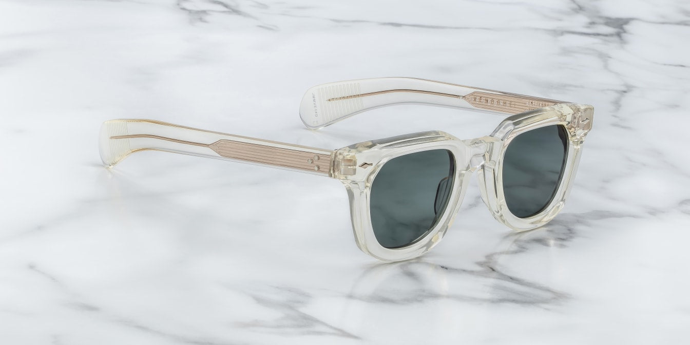 Wayfer style sunglass in champagne JM Vendome colour Brut with signatrue arrow head detail side view