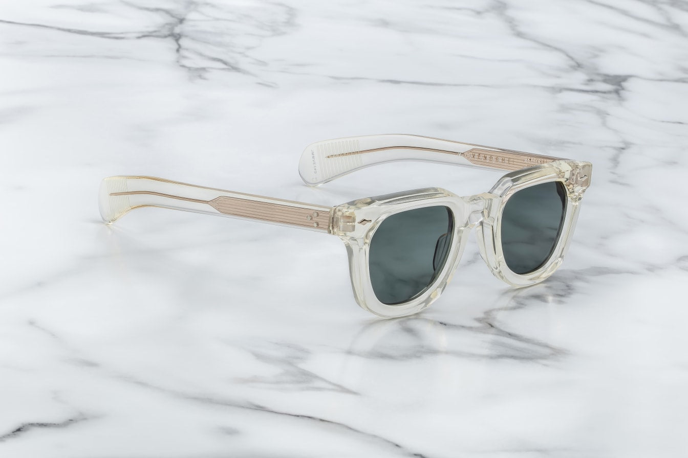 Wayfer style sunglass in champagne JM Vendome colour Brut with signatrue arrow head detail side view