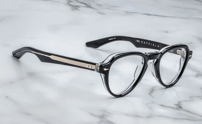aviator shaped frame in black with crystal inline shell frame  side view
