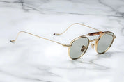 Silver metal aviator style sunglass with double bridge and acetate finish at the top 