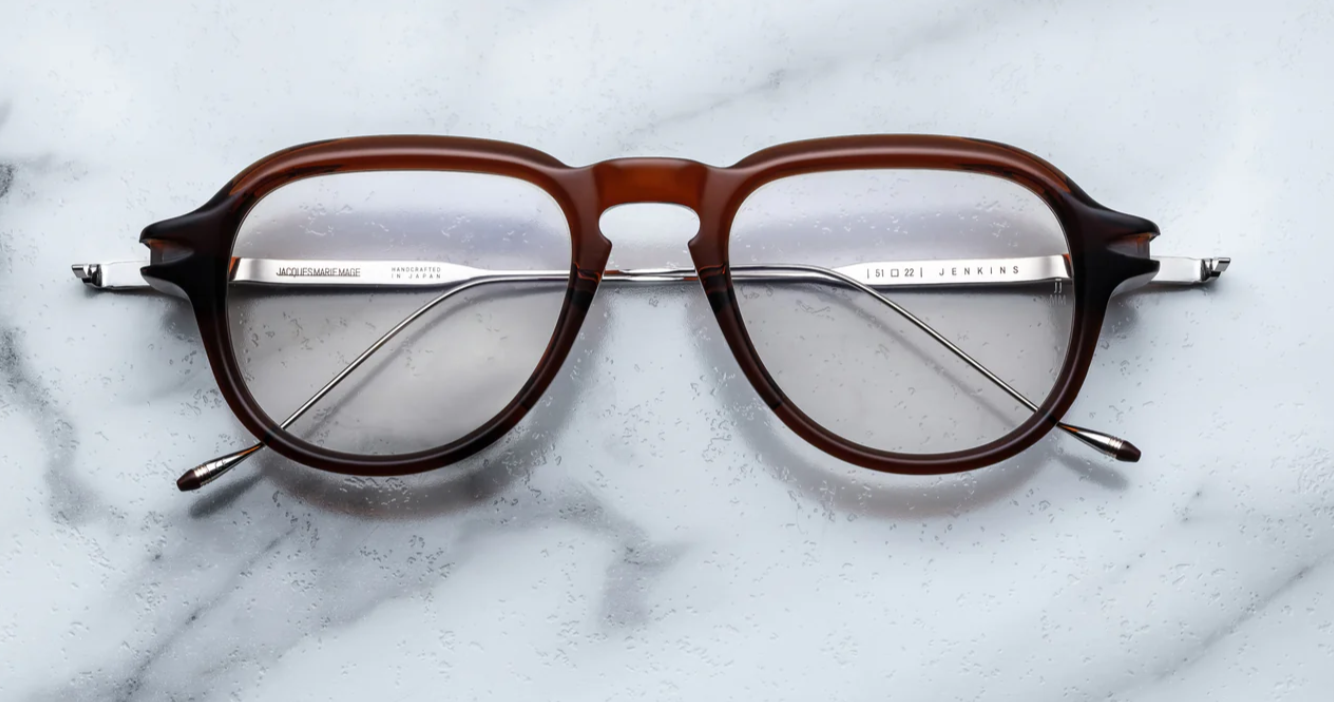 aviator style acetate frme in translucent broand and silver temples