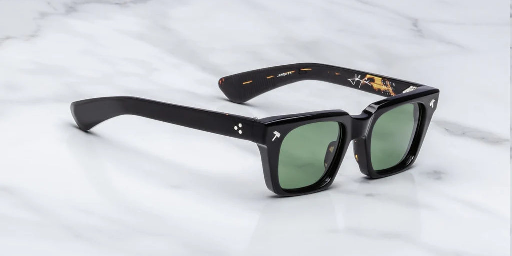 side view of JMM Quentin noir 9 with silver star detail on temple