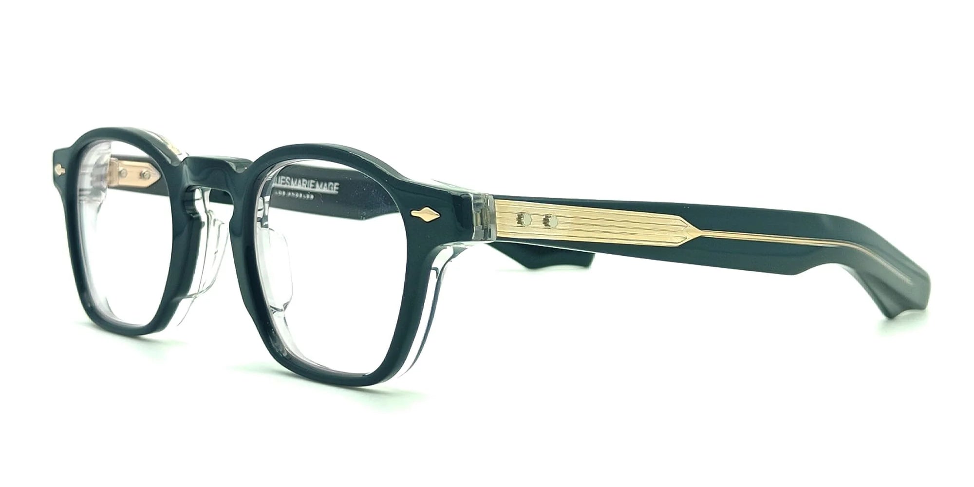 Black square glasses with gold arrow head detial on side and clear acetate inside side view with gold detail on temples