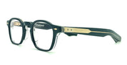 Black square glasses with gold arrow head detial on side and clear acetate inside side view with gold detail on temples