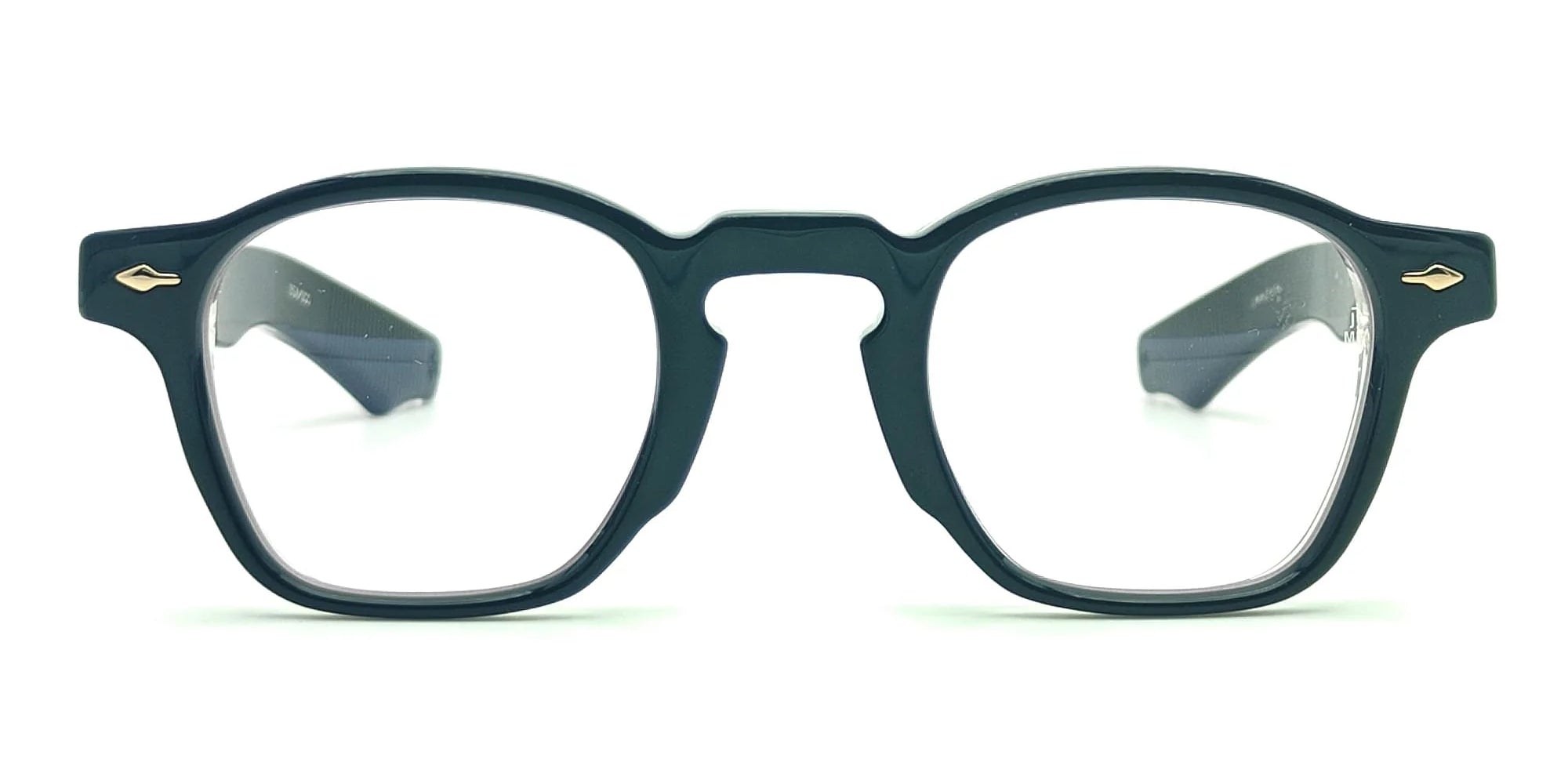 Black square glasses with gold arrow head detial on side and clear acetate inside