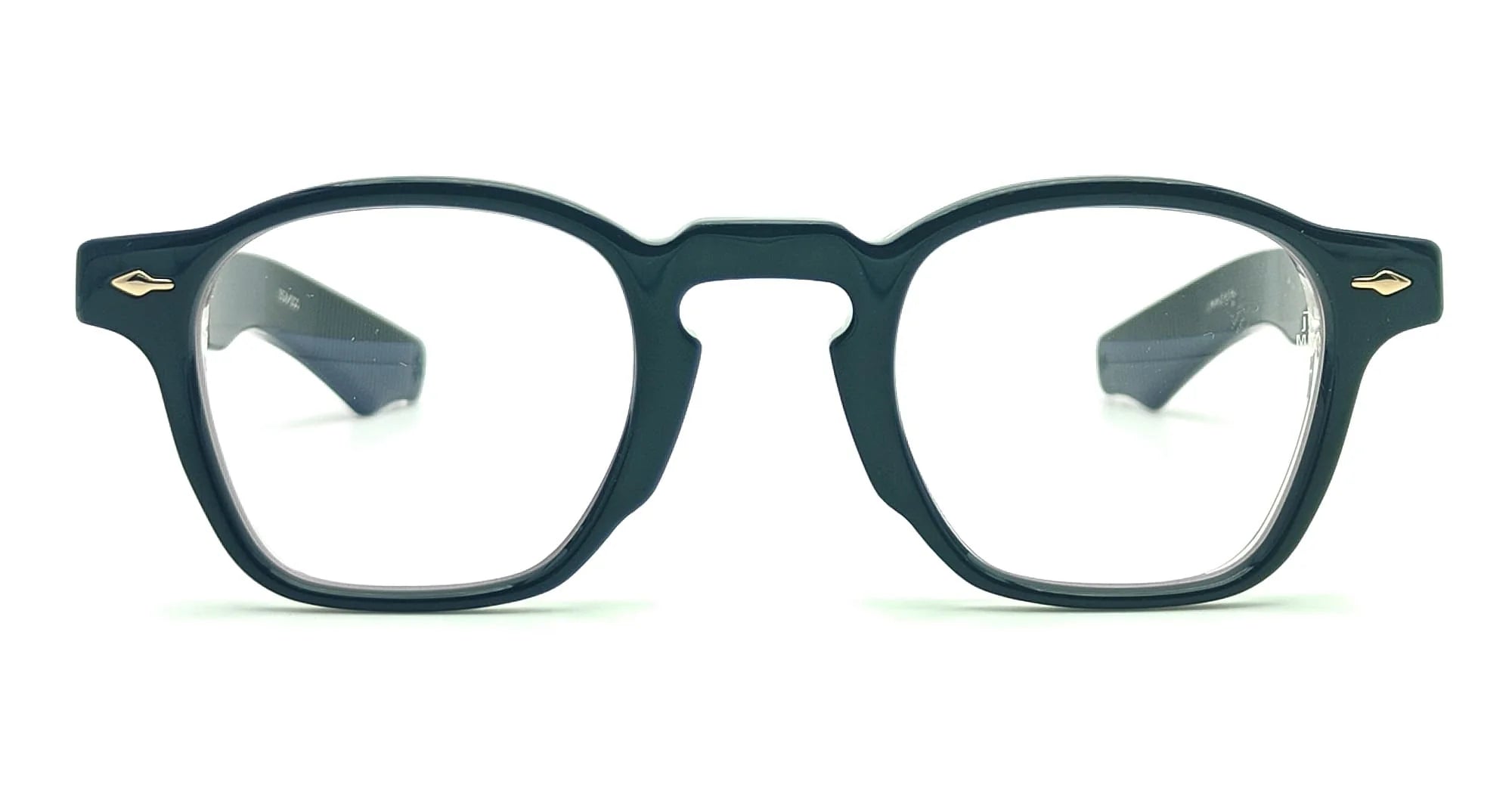Black square glasses with gold arrow head detial on side and clear acetate inside
